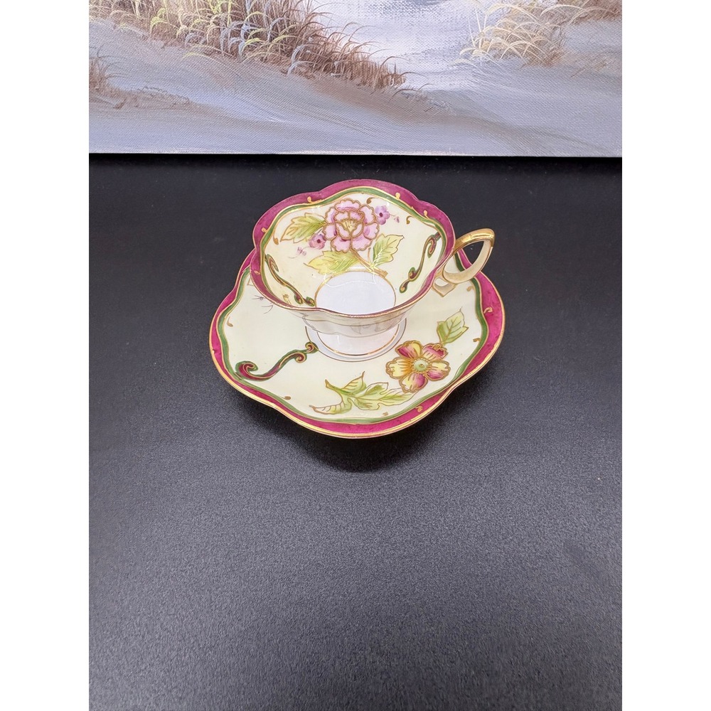 Vintage Ucagco China Hand Painted Floral Teacup and Saucer Set Gold Gilt Japan